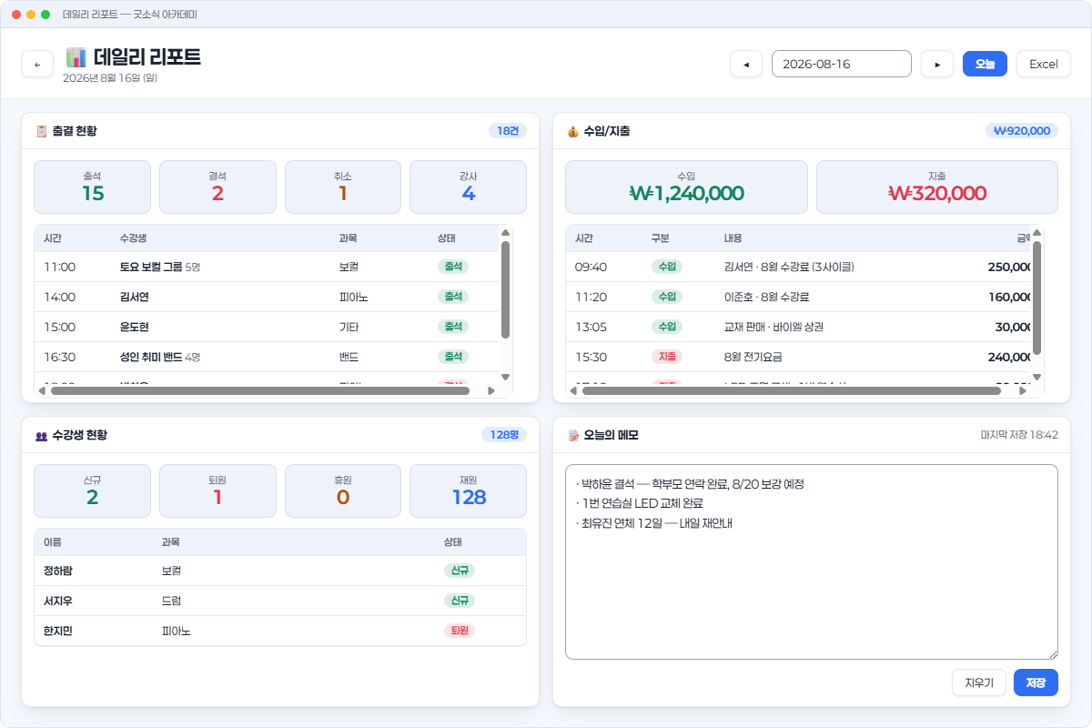데일리 리포트 — 그날 출결·수입·지출 요약